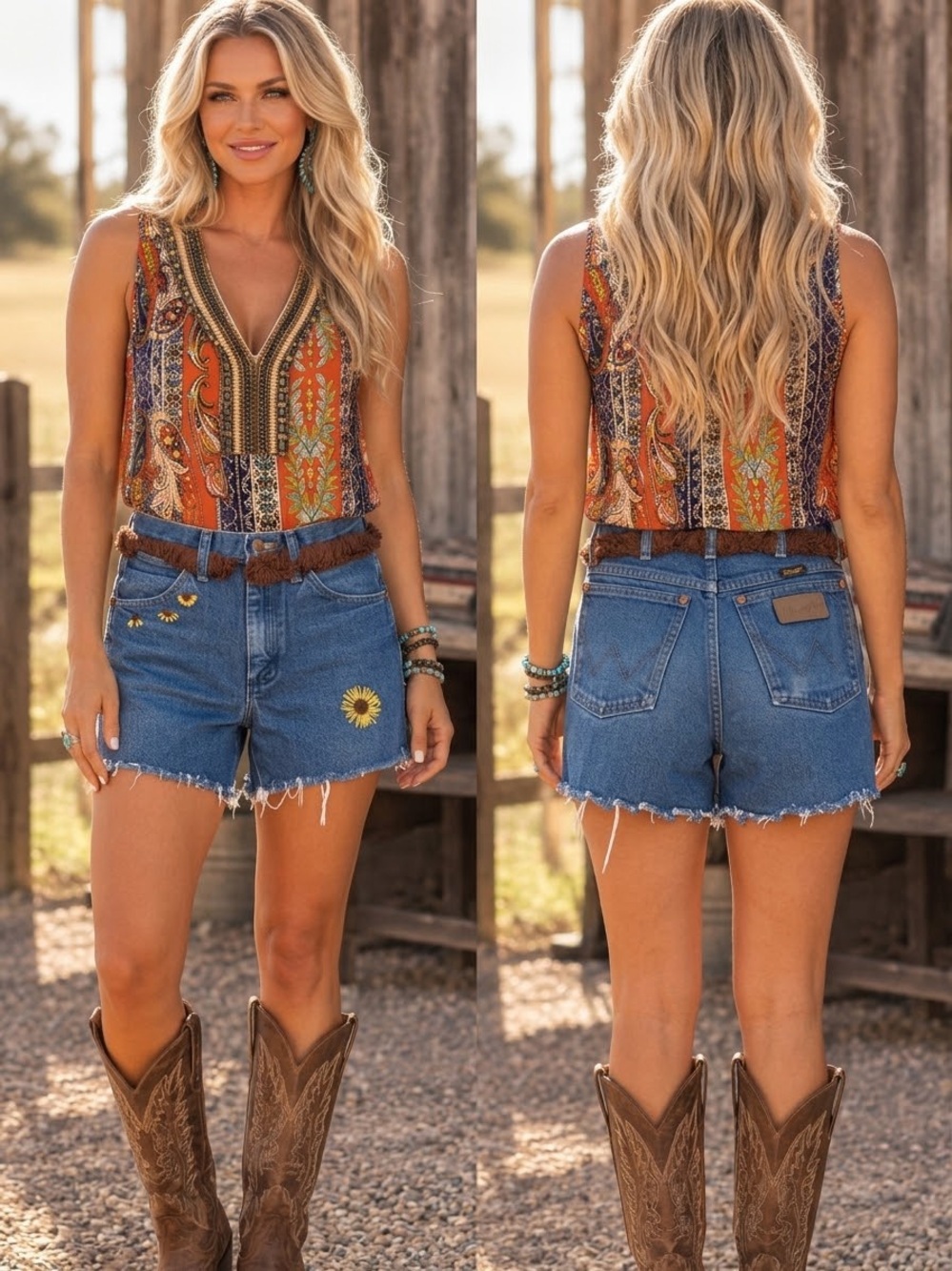 Reworked Vintage Wrangler Denim Shorts Size 27 Embroidered Sunflowers Fringe